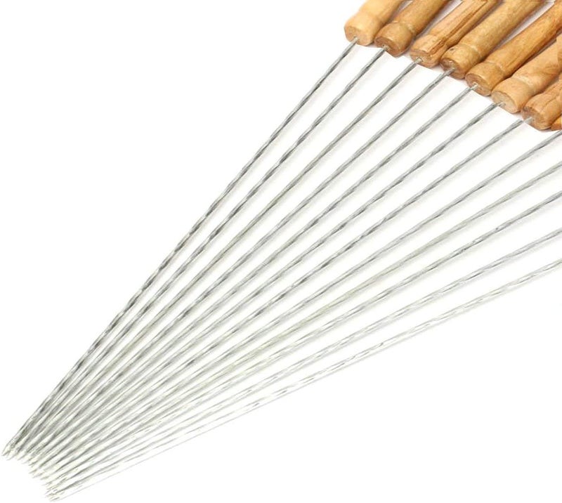 HAKSEN 12 PCS Skewers for Grilling, Kabob Skewers with Wood Handle, Reusable BBQ Barbecue Sticks for Marshmallow, Hot Dog, Meat, Vegetable, Camping Cookware Grill Cooking, 11.7" (Including Handle) - Image 1